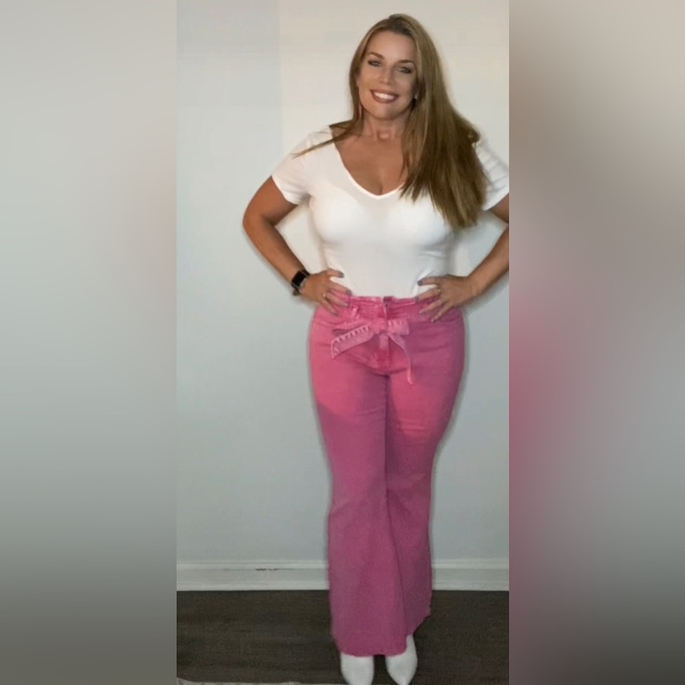 Fashionably Flared Pink High Waist Front Knot Casual Jeans